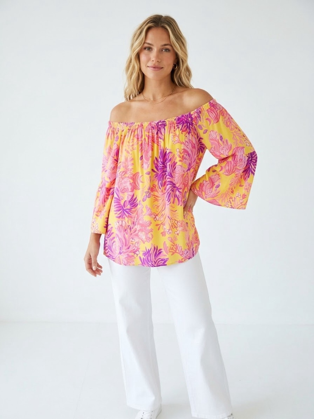 Lilly Pulitzer Off-Shoulder Yellow and Pink Floral Blouse